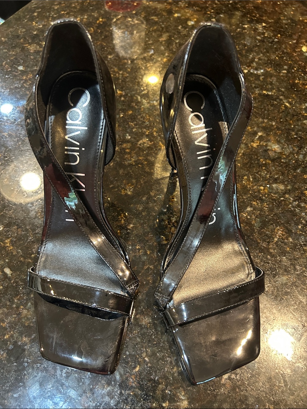 Calvin Klein Black Patent Leather Strappy Square-Toe Heels